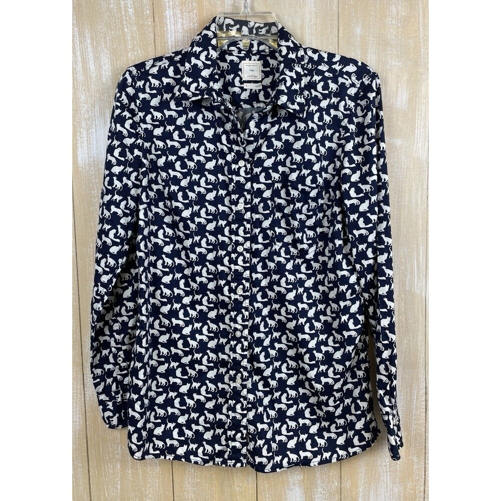 Gap Boyfriend Womens S Cat Print Blouse Button Up Shirt Navy Blue & White Cotton